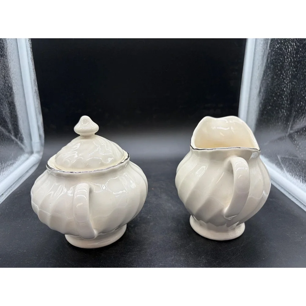 Vintage Creamer and Sugar‎ Bowl Set Off White Swirl Ceramic Silver Trim Lid